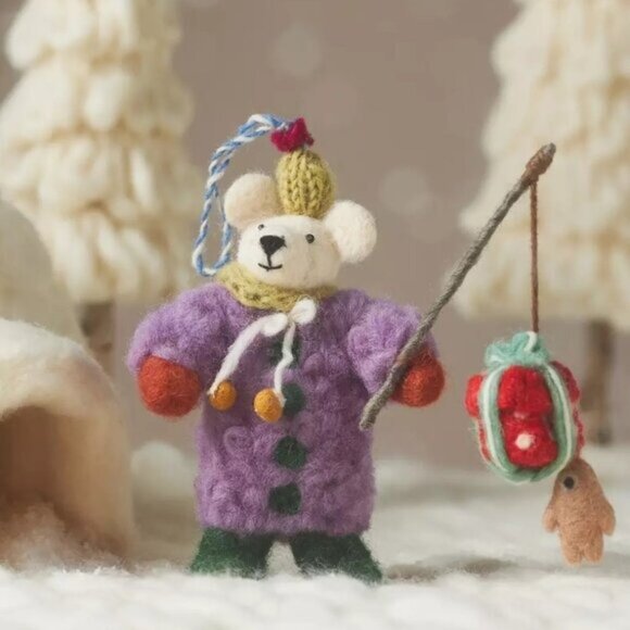 Anthropologie Handmade Felt Bear Ornament NEW Purple Fishing Present Holiday - Picture 1 of 1